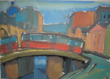 Peinture intitulée "Tramway sur le pont" par Inna Skliarevskaia, Œuvre d'art originale