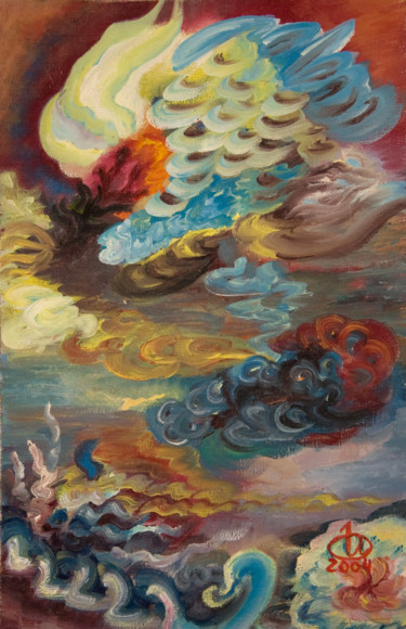Картина под названием "Битва Дракона с Фен…" - Инна Овчарук, Подлинное произведение искусства, Масло