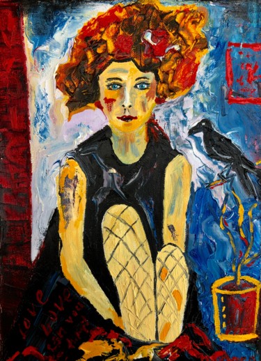 Pittura intitolato "Girl with the black…" da Inna Montano, Opera d'arte originale