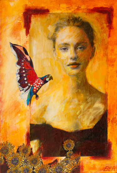 Schilderij getiteld "La fille et l'oiseau" door Innox, Origineel Kunstwerk, Acryl
