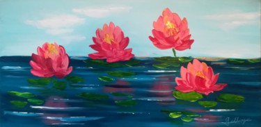 Painting titled "Water Lilies" by Inspired By Nature, Original Artwork, Acrylic Mounted on Wood Stretcher frame