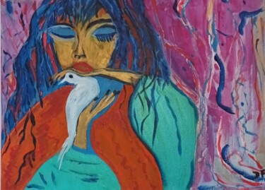 Картина под названием "FEMME A LA COLOMBE" - Dany Fantoli, Подлинное произведение искусства, Акрил Установлен на Деревянная…