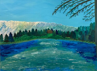 Painting titled "Il lago della Ferre…" by Philippe Collinet, Original Artwork, Acrylic Mounted on Wood Stretcher frame