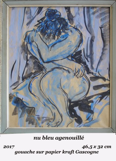 Peinture intitulée "nu bleu agenouillé" par Ioana, Œuvre d'art originale, Gouache