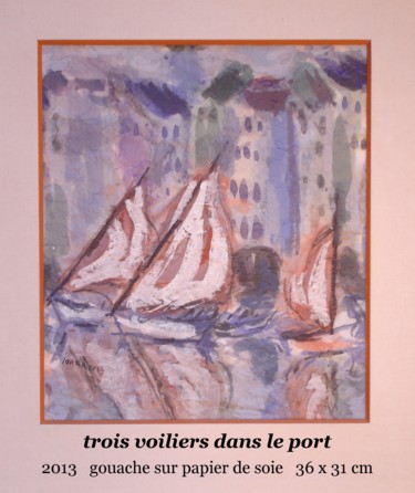 Painting titled "trois voiliers dans…" by Ioana, Original Artwork, Gouache