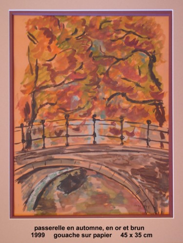 Painting titled "passerelle en autom…" by Ioana, Original Artwork, Gouache