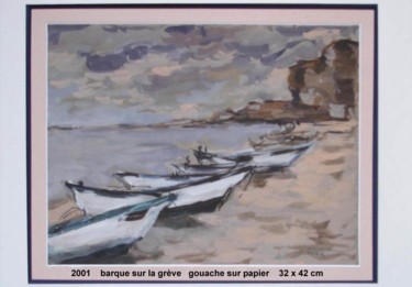 Peinture intitulée "barques sur la greve" par Ioana, Œuvre d'art originale, Gouache