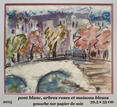 Painting titled "pont blanc arbres r…" by Ioana, Original Artwork, Gouache