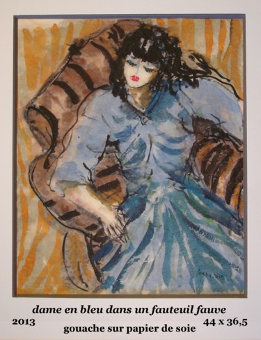 Painting titled "dame en bleu dans u…" by Ioana, Original Artwork, Gouache