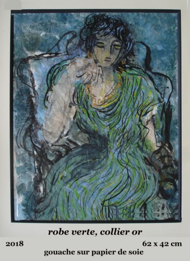 Malerei mit dem Titel "robe verte collier…" von Ioana, Original-Kunstwerk, Gouache