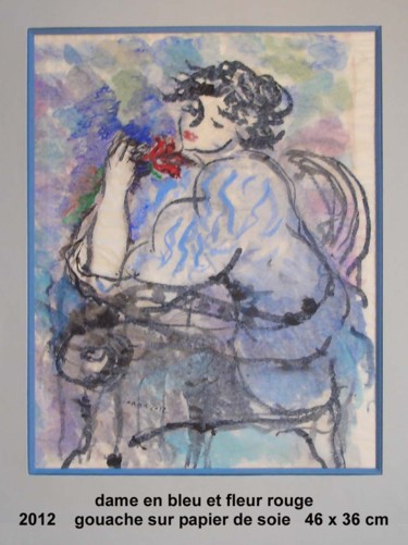Painting titled "dame en bleu et fle…" by Ioana, Original Artwork, Gouache