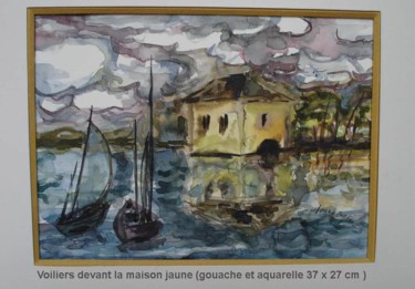 Painting titled "Voiliers devant la…" by Ioana, Original Artwork, Oil