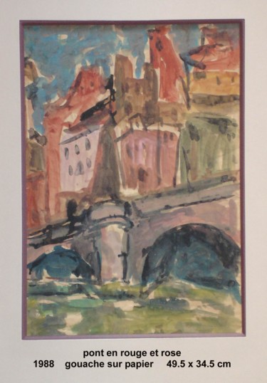 Painting titled "pont en rouge et ro…" by Ioana, Original Artwork, Gouache