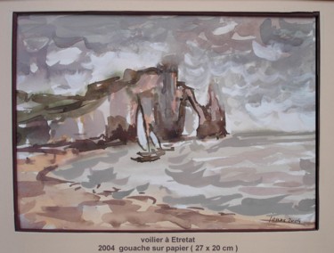 Ζωγραφική με τίτλο "voilier à  Etretat" από Ioana, Αυθεντικά έργα τέχνης, Γκουάς