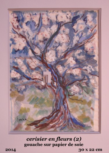 Painting titled "cerisier en fleurs…" by Ioana, Original Artwork, Gouache Mounted on Cardboard