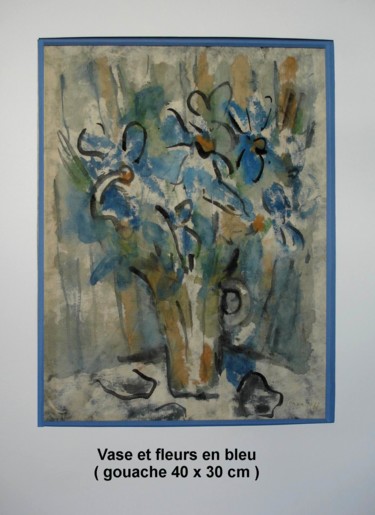 Peinture intitulée "vase et fleurs en b…" par Ioana, Œuvre d'art originale, Gouache