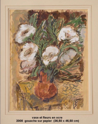 Peinture intitulée "vase et fleurs en o…" par Ioana, Œuvre d'art originale, Gouache