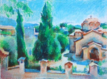 Malerei mit dem Titel "Monastery" von Ioannis Filippopoulos, Original-Kunstwerk, Pastell