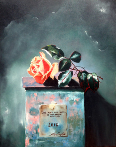 Painting titled "Un rose sur l'autel…" by Mihai Ionescu, Original Artwork, Oil