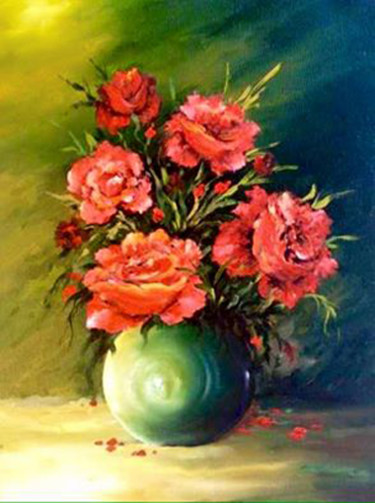 Painting titled "Roses rouges sur fo…" by Mihai Ionescu, Original Artwork, Oil