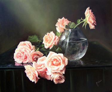 Pittura intitolato "Roses dans un bol e…" da Mihai Ionescu, Opera d'arte originale, Olio