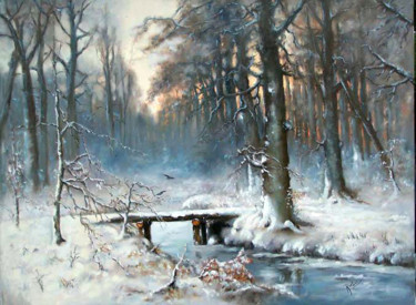 Painting titled "Winter with small b…" by Mihai Ionescu, Original Artwork, Oil