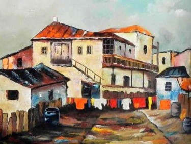 Painting titled "Street with old hou…" by Mihai Ionescu, Original Artwork, Oil