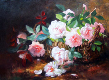 Painting titled "Basket with roses" by Mihai Ionescu, Original Artwork, Oil