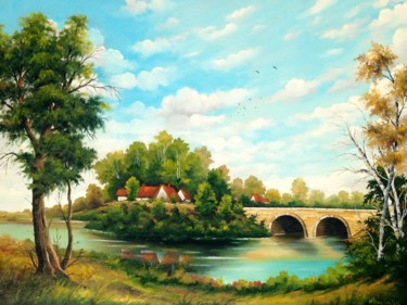 Painting titled "Bridge over the riv…" by Mihai Ionescu, Original Artwork, Oil