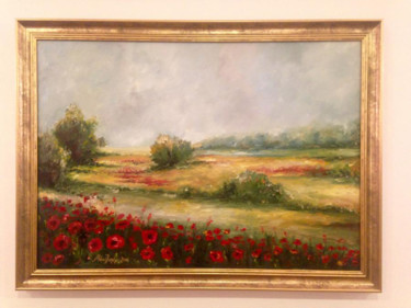 Painting titled "Field with red flow…" by Mihai Ionescu, Original Artwork, Oil