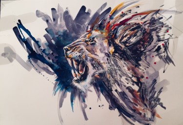 Painting titled "LION" by Isabelle Paget-Agnès, Original Artwork, Ink Mounted on artwork_cat.