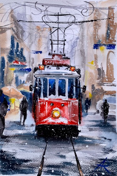 Painting titled "Red winter city  tr…" by Ira Popovych, Original Artwork, Watercolor