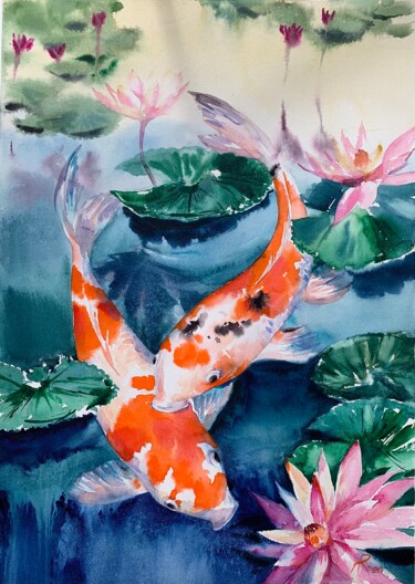 Schilderij getiteld "King carps in lotus…" door Ira Popovych, Origineel Kunstwerk, Aquarel