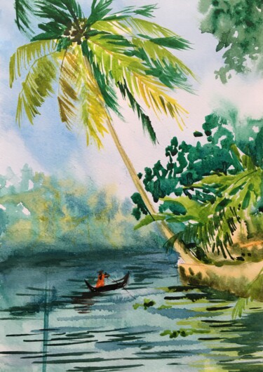 Painting titled "By boat on the Amaz…" by Ira Popovych, Original Artwork, Watercolor