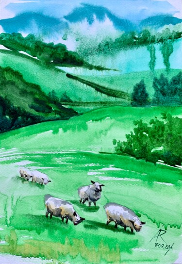 Painting titled "Sheep on mountains…" by Ira Popovych, Original Artwork, Watercolor