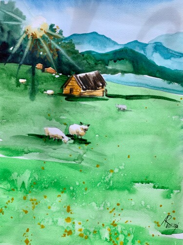 Painting titled "Farm house and shee…" by Ira Popovych, Original Artwork, Watercolor