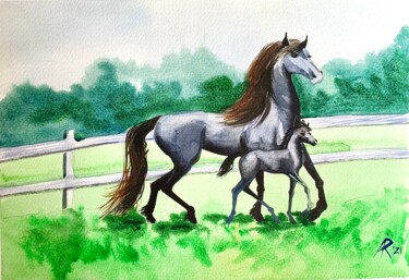 Painting titled "Mare with foal" by Ira Popovych, Original Artwork, Watercolor