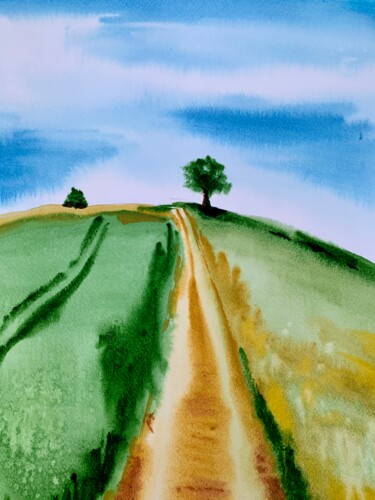 Malerei mit dem Titel "Tree in the field" von Ira Popovych, Original-Kunstwerk, Aquarell