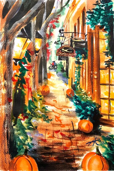 Ζωγραφική με τίτλο "Pumpkins Street" από Ira Popovych, Αυθεντικά έργα τέχνης, Ακουαρέλα