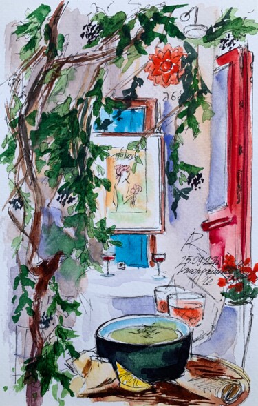 Peinture intitulée "Georgian dinner in…" par Ira Popovych, Œuvre d'art originale, Aquarelle