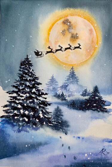 Malerei mit dem Titel "Santa's sleigh over…" von Ira Popovych, Original-Kunstwerk, Aquarell