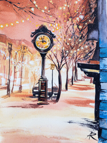 Painting titled "City clock" by Ira Popovych, Original Artwork, Watercolor