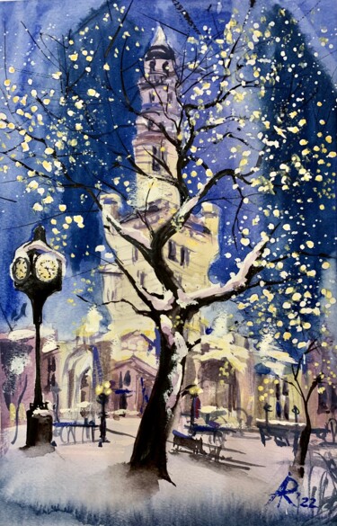 Painting titled "Winter Water Tower…" by Ira Popovych, Original Artwork, Watercolor