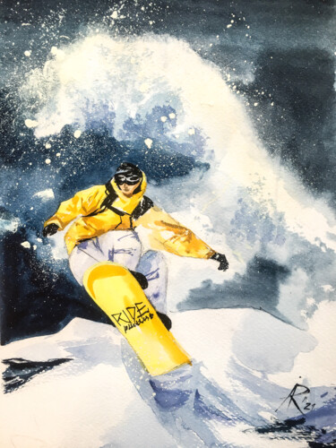 Картина под названием "Snowboarder in yell…" - Ira Popovych, Подлинное произведение искусства, Акварель