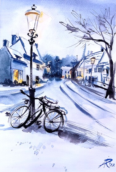 Painting titled "Bicycles in Snowy T…" by Ira Popovych, Original Artwork, Watercolor