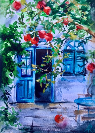 Painting titled "Red garners and blu…" by Ira Popovych, Original Artwork, Watercolor
