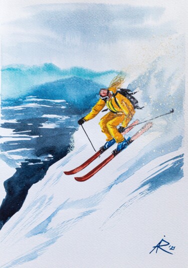 Pintura intitulada "Skier in yellow" por Ira Popovych, Obras de arte originais, Aquarela