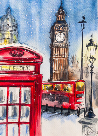 Peinture intitulée "Snowy London" par Ira Popovych, Œuvre d'art originale, Aquarelle