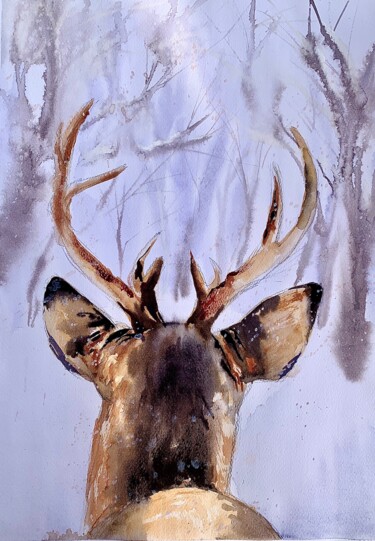 Malerei mit dem Titel "Deer in snowy forest" von Ira Popovych, Original-Kunstwerk, Aquarell