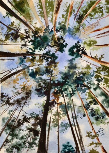 Painting titled "Forest light" by Ira Popovych, Original Artwork, Watercolor